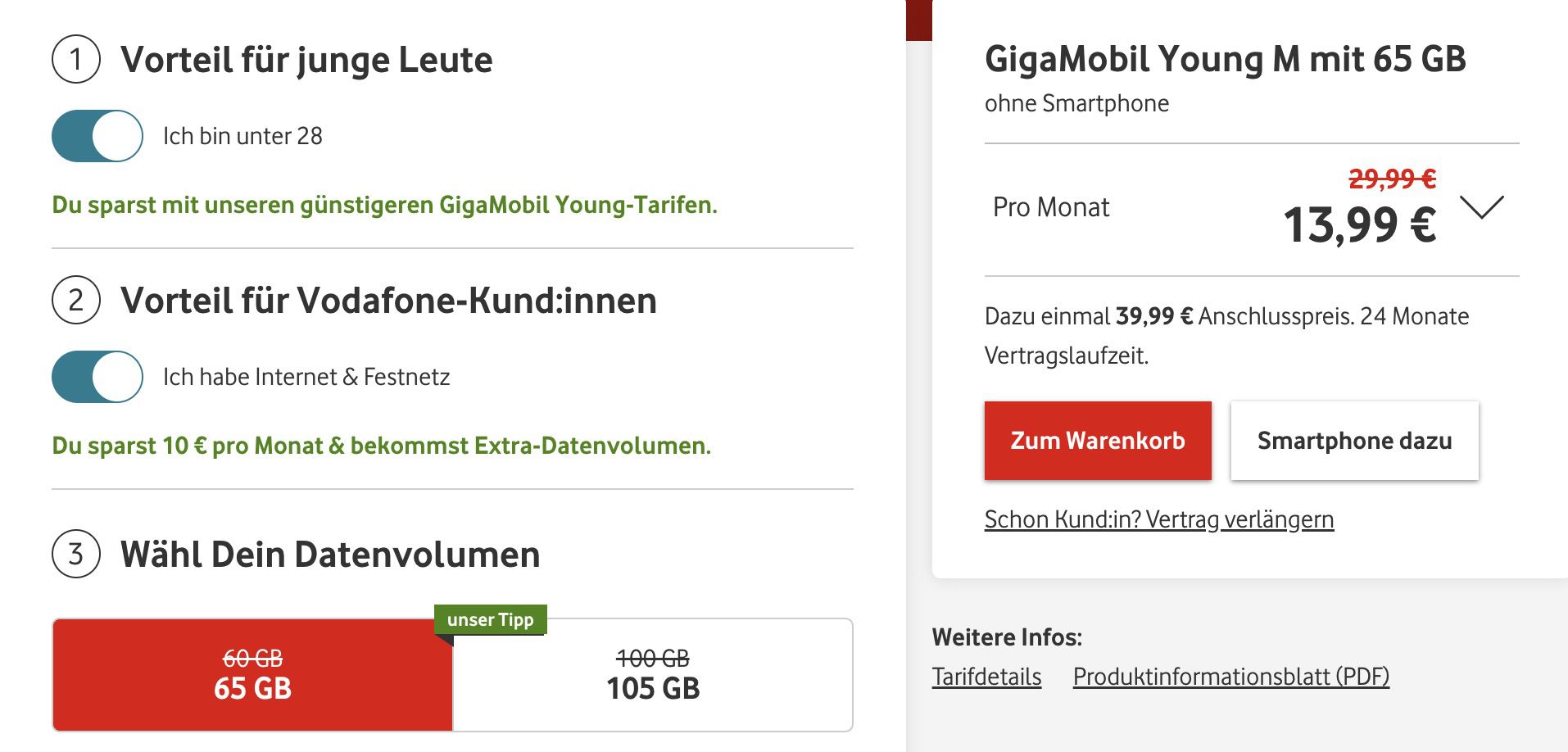 Junge Leute: Vodafone GigaMobil Young mit 60GB für 23,99€ mtl. oder mit 100GB für 30,39€ mtl.
