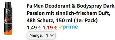 150ml Fa Men Deodorant Dark Passion mit 48h Schutz ab 1,19€ (statt 1,45€)   Prime Sparabo