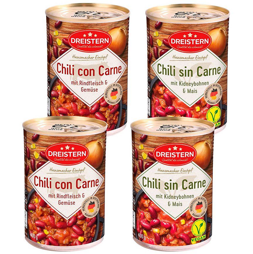 Je 2x DREISTERN Chili con Carne und sin Carne mit Rindfleisch bzw Soja für 7,59€ (statt 10€)