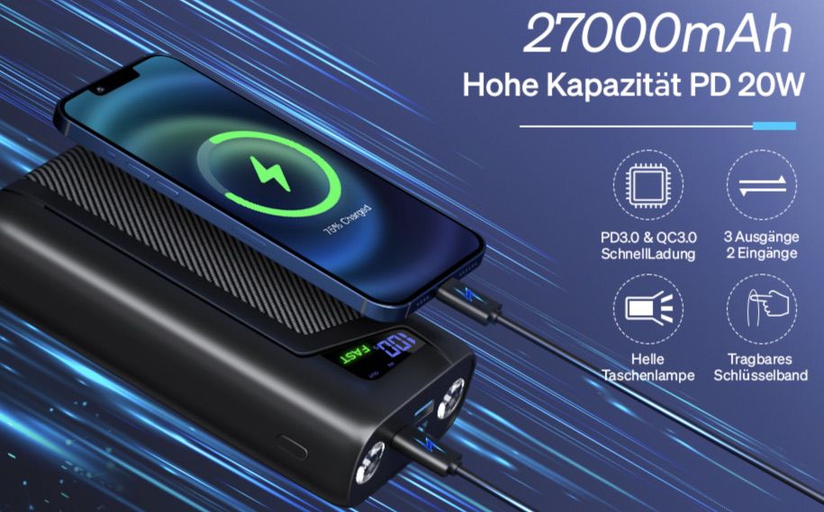 Powerbank mit 27.000mAh & 20W PD QC für 22,99€ (statt 35€)