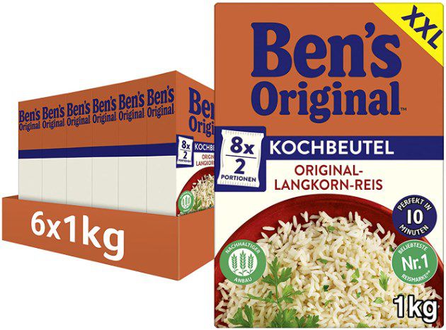 6Kg (48 x 125g) Bens Original Langkorn Reis im Kochbeutel ab 20€ (statt 27€)