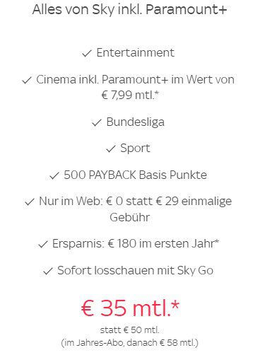 12 Monate alles von Sky inkl. Paramount+ für 35€ mtl.