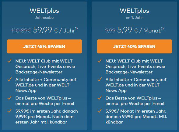 WELTplus für 5,99€ mtl. (statt 9,99€) oder 12 Monate WELTplus für 59,99€ (statt 111€)