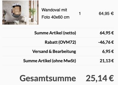 72% Rabatt auf Wandovale zum selber gestalten z.B. 40x60 für 25,14€ (statt 72€)