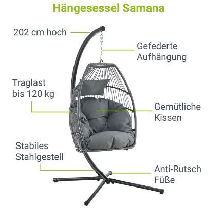 Juskys Samana Hängesessel inkl. großen Kissen für 162,94€ (statt 200€)