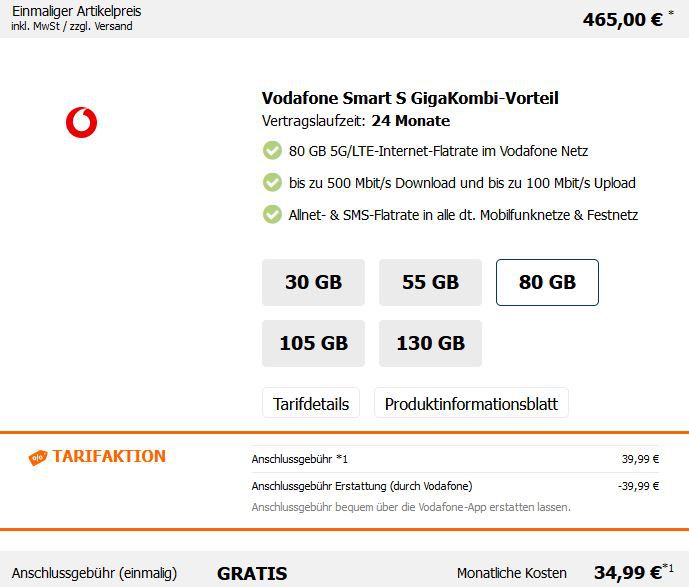 Apple iPhone 14 Pro (128GB) für 465€ + Vodafone Flat mit 80GB LTE/5G für 34,99€ mtl.   Keine AG