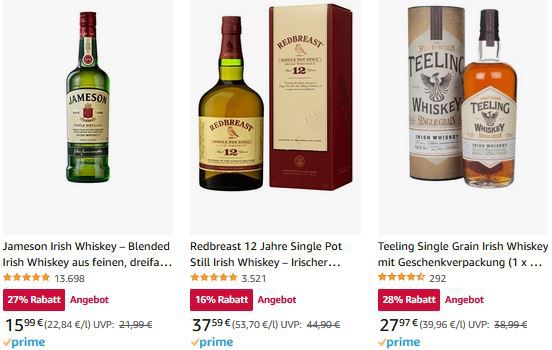 Amazon St. Patricks Day: Bis 28% auf Spirituosen   z.B. Jameson Whiskey 16€ (statt 21€)