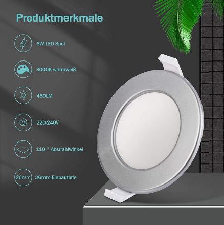 6er Pack EzBasics LED Einbaustrahler, 6W, 450 Lm, 3.000k für 17,64€ (statt 35€)