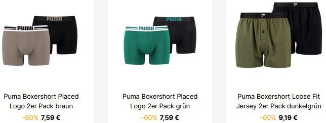 Geomix: Puma Underware Restposten Sale   z.B. 2er Pack Puma Loose Fit Boxershort ab 9€ (statt 22€)