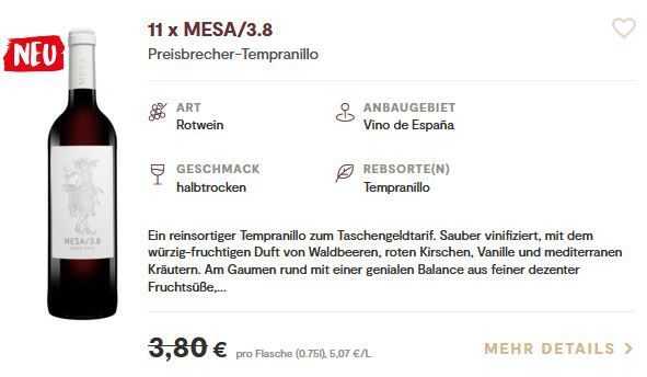 12 Flaschen MESA/3.8 Rotwein für 34,79€ (statt 42€)