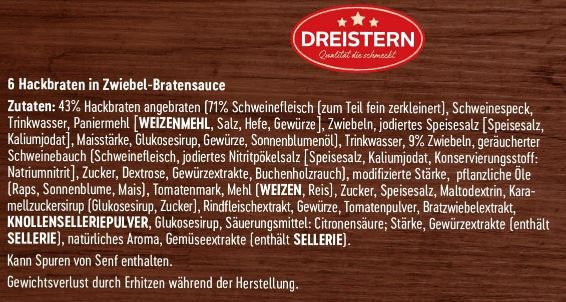 Dreistern 6 Hackbraten in Bratensauce, 900g für 5,59€ (statt 7€)