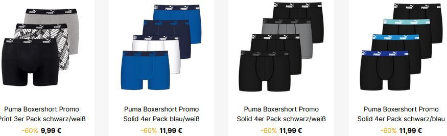 Geomix: Puma Underware Restposten Sale   z.B. 2er Pack Puma Loose Fit Boxershort ab 9€ (statt 22€)