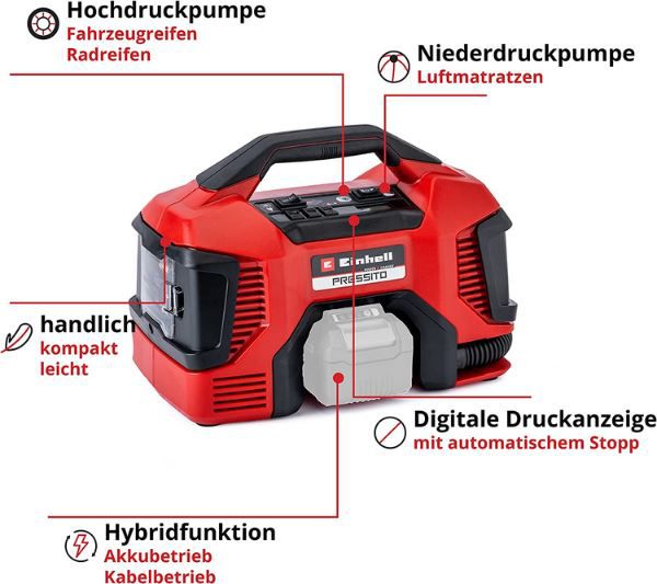 Einhell Pressito Hybrid Akku Kompressor inkl. Adapter Set für 62,99€ (statt 73€)