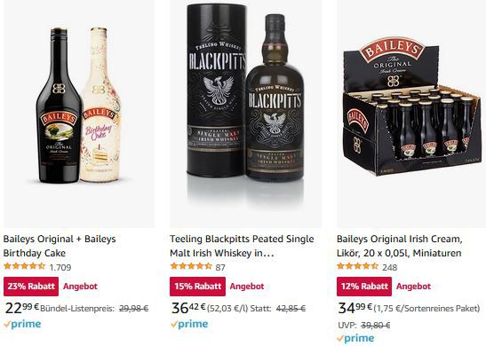 Amazon St. Patricks Day: Bis 28% auf Spirituosen   z.B. Jameson Whiskey 16€ (statt 21€)