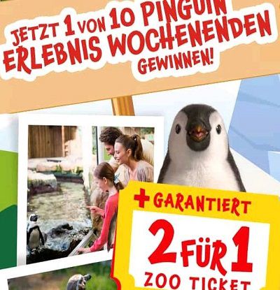 Mit kinder Pinguí 2 für 1 Zoo Eintrittsgutschein & Gewinnspielteilnahme