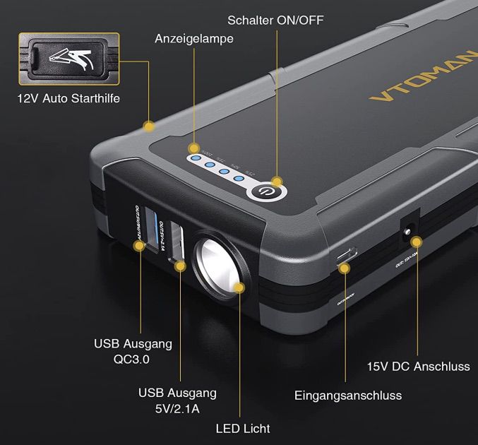 VTOMAN V2500 Starthilfe Powerbank 2500A - 12V Auto Starthilfe