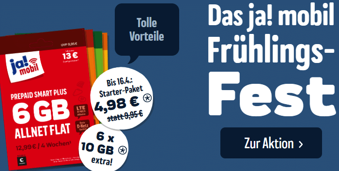 ja! mobil Prepaid Tarife im Telekom Netz ab 4,99€ / 4 Wochen + bis 60GB gratis