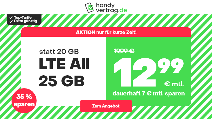 o2 Allnet Flat mit 25GB LTE für 12,99€ mtl. + monatlich kündbar