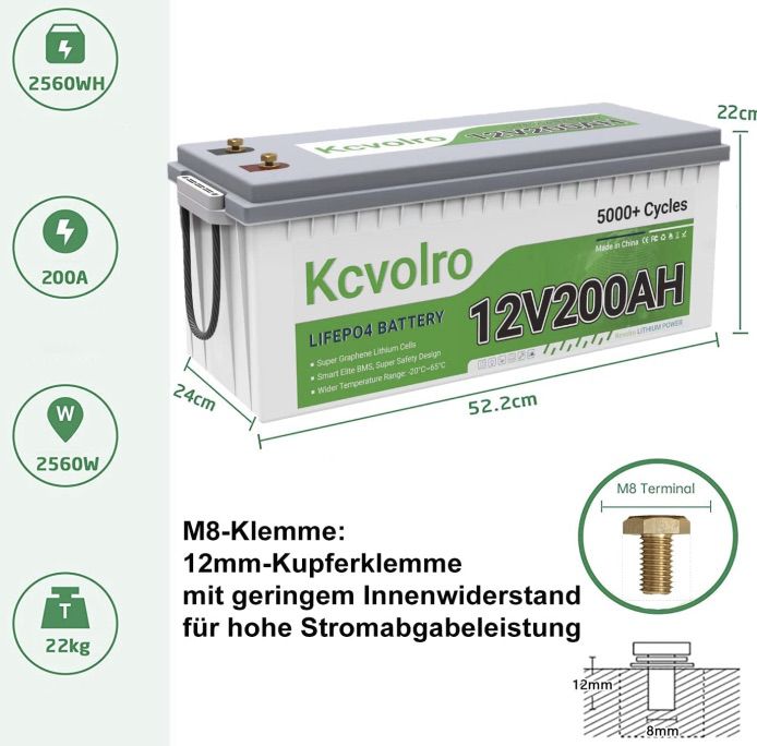 Kcvolro 12V 200Ah Plus LiFePO4 Batterie für 659€ (statt 759€)