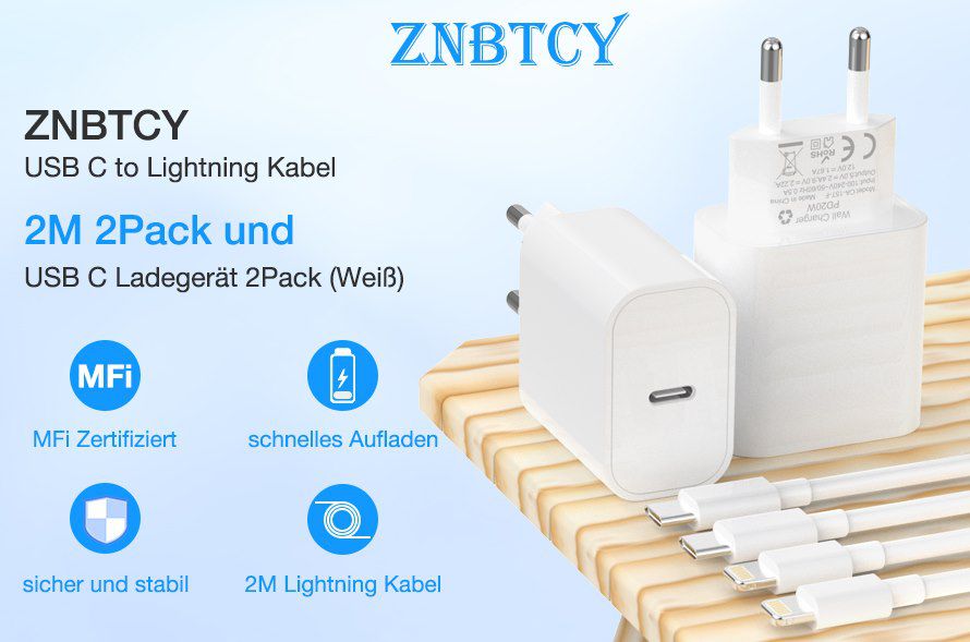 2x USB C 20W Schnellladegerät inkl. Lightning Kabel (2m) für 8,99€ (statt 19€)