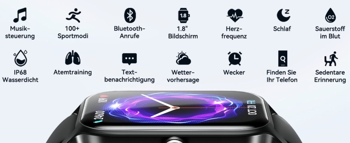 Smartwatch mit 1,8 Zoll Display mit SpO2  & Herzfrequenzmesser für 24,99€ (statt 50€)