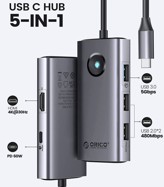 ORICO 5 in 1 USB C Hub mit 60W PD für 10,79€ (statt 18€)