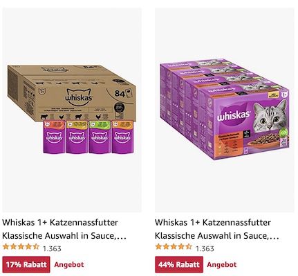 Amazon Aktion: Whiskas Katzenfutter z.B. 48x 85g Whiskas 1+ Katzennassfutter für 13,14€
