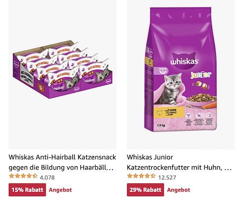 Amazon Aktion: Whiskas Katzenfutter z.B. 48x 85g Whiskas 1+ Katzennassfutter für 13,14€