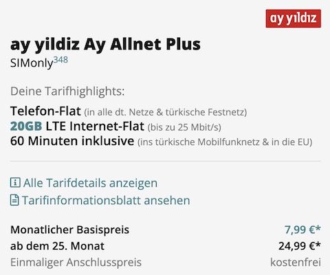 o2 Allnet Flat von ay yildiz mit 20GB LTE + 60 Freiminuten ins türk. Festnetz für 7,99€ mtl.