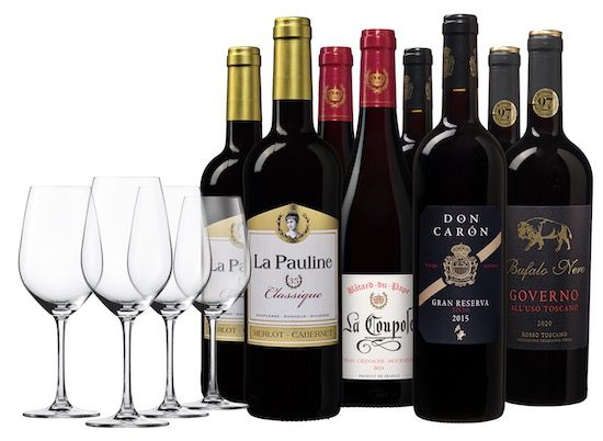 Luxuriöses Weinpaket mit 8 Flaschen inkl. 4 Gläser für 58,94€ (statt 79€)