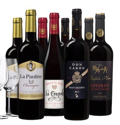 Luxuriöses Weinpaket mit 8 Flaschen inkl. 4 Gläser für 58,94€ (statt 79€)