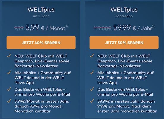 1 Jahr WELTplus inkl. Bundesliga Highlights für 59,99€ (statt 120€) oder 1 Mon. 5,99€ (statt 10€)