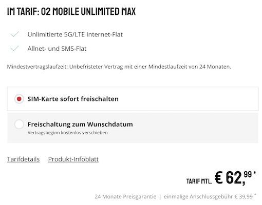 Apple iPhone 14 Pro Max für 99,95€ + o2 Flat mit Unlimited 5G/LTE für 62,99€ mtl.