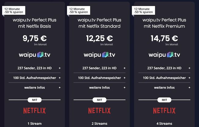 🔥 50% Rabatt auf waipu TV inkl. Netflix   z.B. mit Netflix Premium ab 14,75€ mtl.