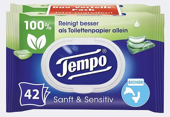 16 x 42 Tempo Feuchte Toilettentücher Sanft & Sensitiv ab 18,26€ (statt 28€)