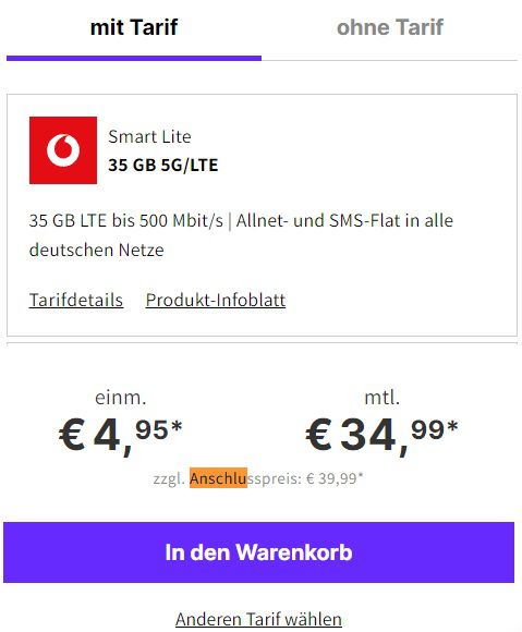Samsung Galaxy S22 für 4,95€ + Vodafone Allnet 35GB LTE/5G für 34,99€ mtl.