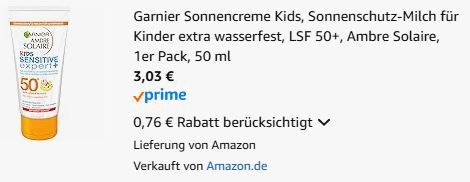 Garnier Sonnencreme Kids, LSF 50+ ab 3€ (statt 4€)