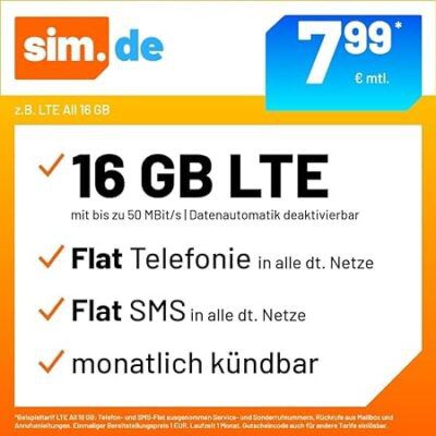 Sim.de o2 Allnet Flat mit 16GB LTE für 7,99€ mtl.   monatlich kündbar