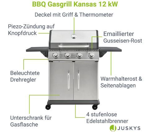 Juskys Kansas Gasgrill mit 4 Brenner, 12kW für 227,94€ (statt 269€)