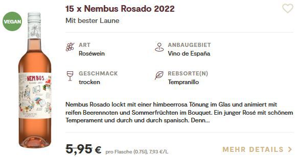 15 Flaschen Nembus Rosado 2022 Rosewein für 42,89€ (statt 89€)