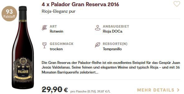 4 Flaschen Palador Gran Reserva 2016 Rotwein ab 72,89€ (statt 120€)