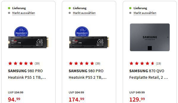 MediaMarkt & Saturn Samsung Speicher Deals   z.B. 980 PRO mit Heatsink, 1TB für 94€ (statt 116€)