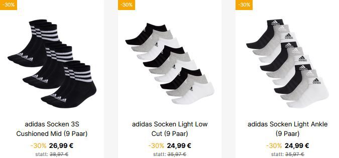 9er Packs adidas Socken in 3 Designs ab je 24,99€ + Versandkostenfrei