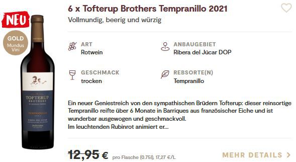 12 Flaschen Tofterup Brothers Tempranillo Rotwein 2021 für 72,79€ (statt 155€)