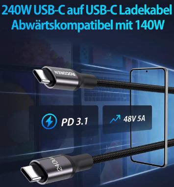 50% Rabatt auf Rocoren 240W USB C Ladekabel   z.B. 3 Meter für 7,49€ (statt 15€)