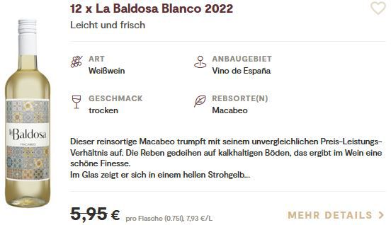 12 Flaschen La Baldosa Blanco 2022 für 37,89€ (statt 71€)