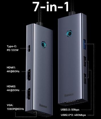 Baseus 7 in 1 USB C HUB mit Dual HDMI 4K für 29,99€ (statt 50€)