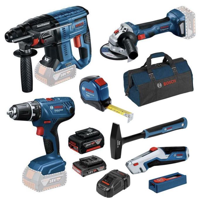 Bosch 18V Set mit Bohrschrauber, Bohrhammer & Winkelschleifer u.a. für 386€ (statt 409)