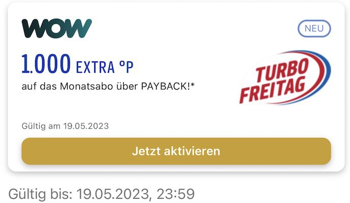 Payback: 1.100 oder 1.600 Extra Punkte auf WOW Monatsabo