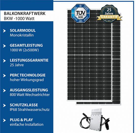EPP.SOLAR Balkonkraftwerk 800/1000W Solaranlage Steckerfertig für 291€ (statt 659€)